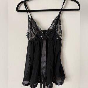 Hot black sheer sequin decorated lingerie, front ties, elastic, lace hemline, S